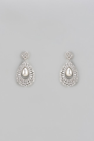 White Finish Zircon & Pearl Dangler Earrings by Shhimmerz jewellery