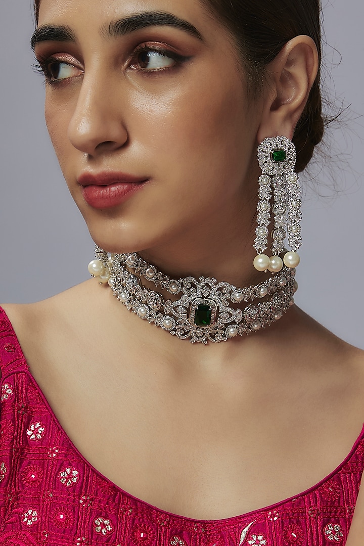 White Finish Emerald Stone & Zircon Choker Necklace Set by Shhimmerz jewellery