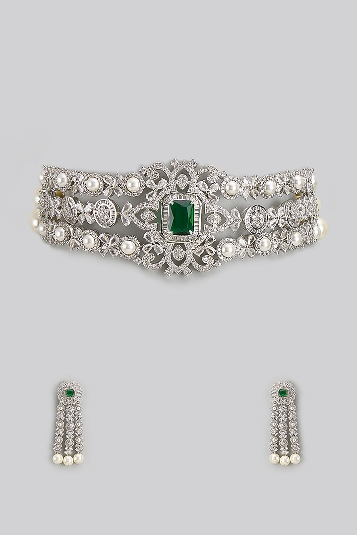 White Finish Emerald Stone & Zircon Choker Necklace Set by Shhimmerz jewellery at Pernia's Pop Up Shop