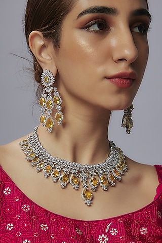 White Finish Yellow Stone & Zircon Necklace Set by Shhimmerz jewellery