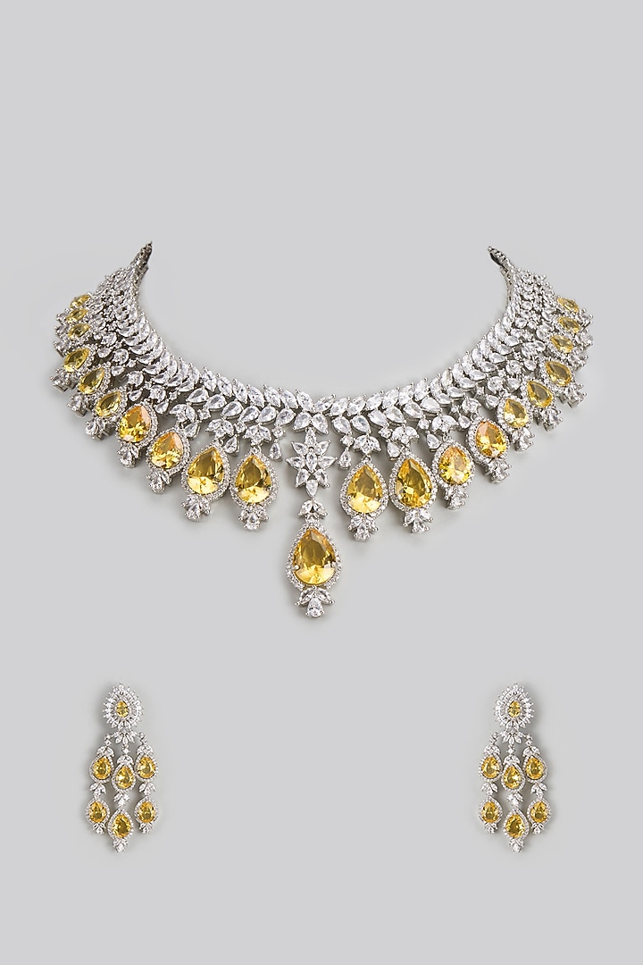 White Finish Yellow Stone & Zircon Necklace Set by Shhimmerz jewellery at Pernia's Pop Up Shop