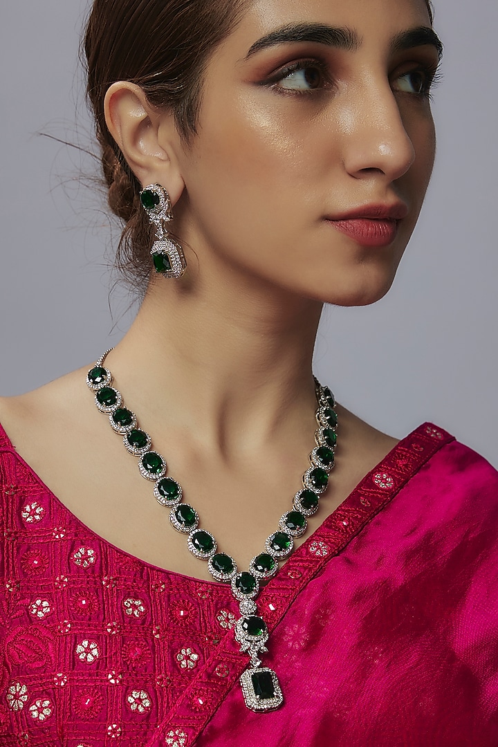 White Finish Emerald Stone & Zircon Long Necklace Set by Shhimmerz jewellery