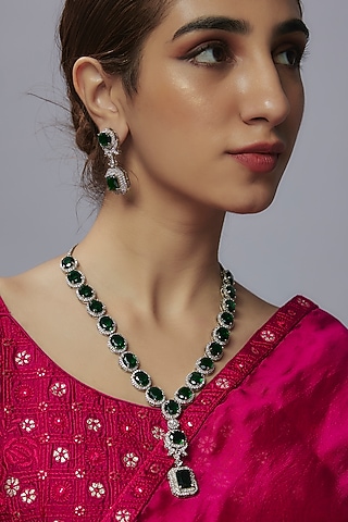 White Finish Emerald Stone & Zircon Long Necklace Set by Shhimmerz jewellery