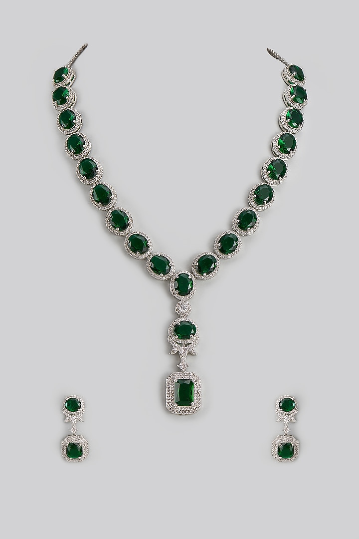 White Finish Emerald Stone & Zircon Long Necklace Set by Shhimmerz jewellery at Pernia's Pop Up Shop