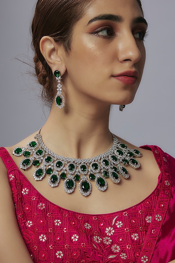White Finish Emerald Stone & Zircon Necklace Set by Shhimmerz jewellery
