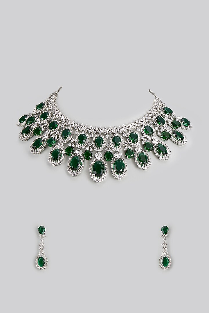 White Finish Emerald Stone & Zircon Necklace Set by Shhimmerz jewellery at Pernia's Pop Up Shop