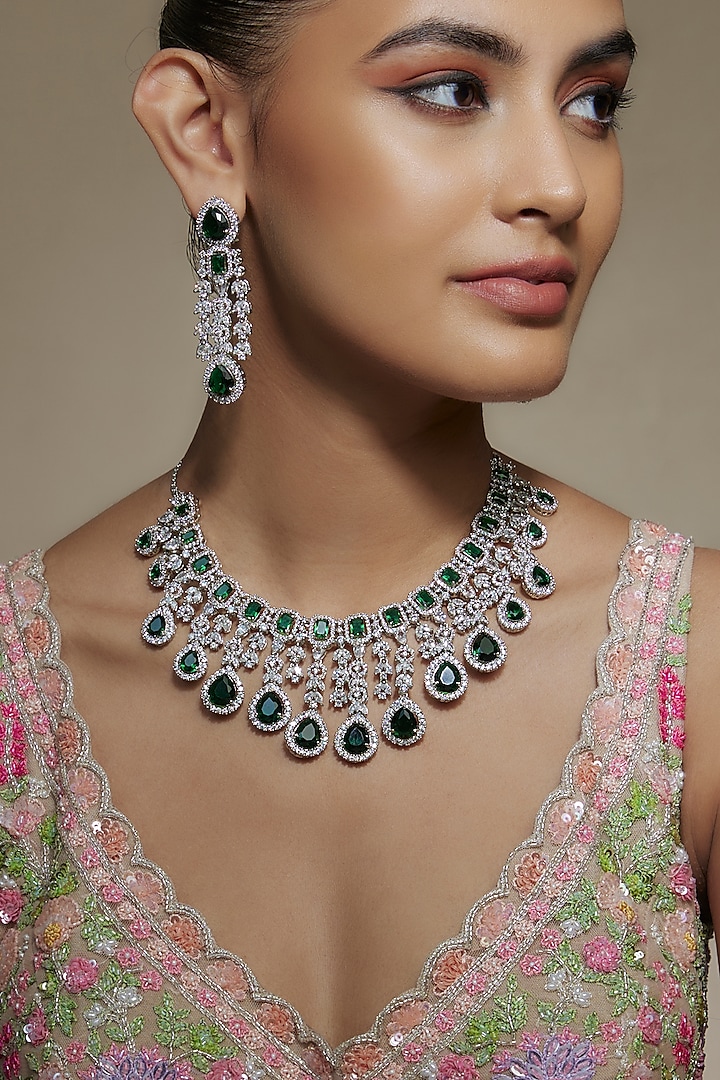 White Finish Emerald & Zircon Necklace Set by Shhimmerz jewellery