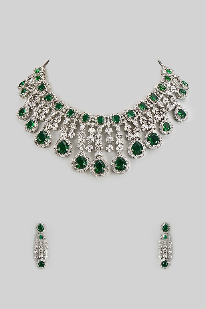 White Finish Emerald & Zircon Necklace Set by Shhimmerz jewellery at Pernia's Pop Up Shop