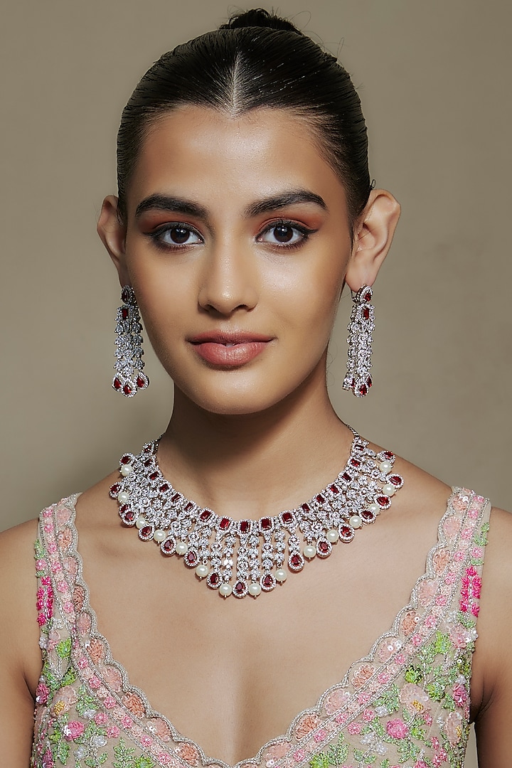 White Finish Ruby & Zircon Necklace Set by Shhimmerz jewellery at Pernia's Pop Up Shop