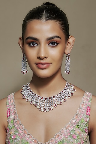 White Finish Ruby & Zircon Necklace Set by Shhimmerz jewellery