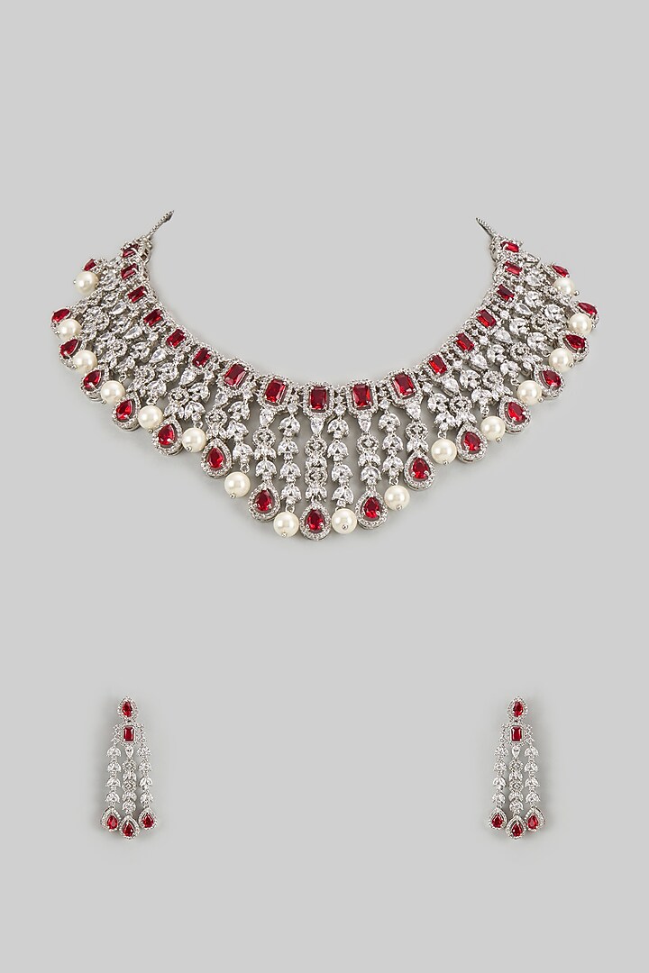 White Finish Ruby & Zircon Necklace Set by Shhimmerz jewellery at Pernia's Pop Up Shop