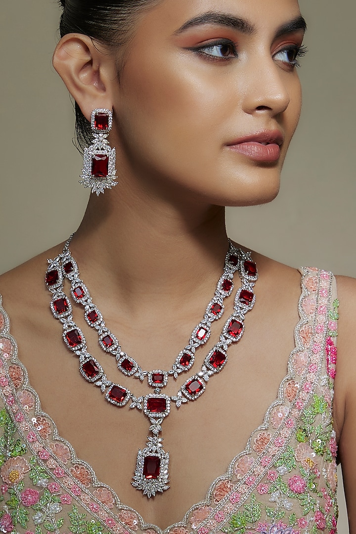 White Finish Ruby & Zircon Layered Necklace Set by Shhimmerz jewellery at Pernia's Pop Up Shop