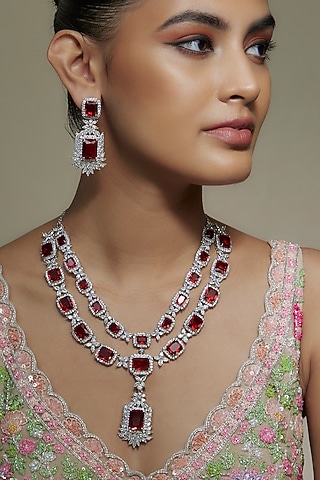 White Finish Ruby & Zircon Layered Necklace Set by Shhimmerz jewellery