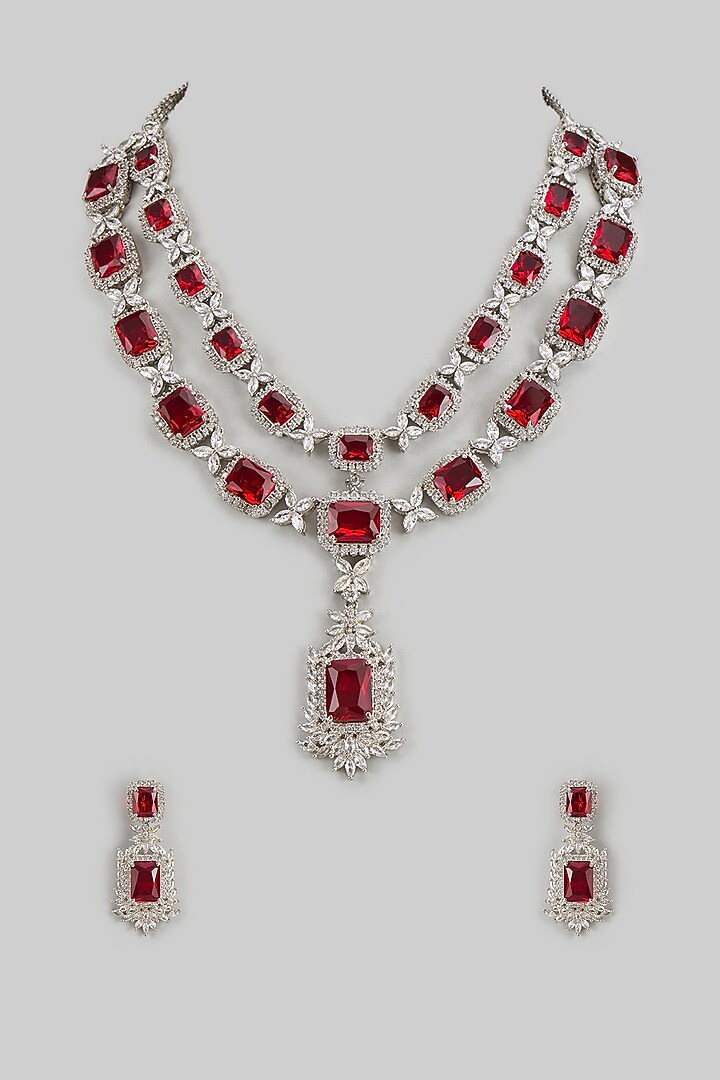 White Finish Ruby & Zircon Layered Necklace Set by Shhimmerz jewellery at Pernia's Pop Up Shop