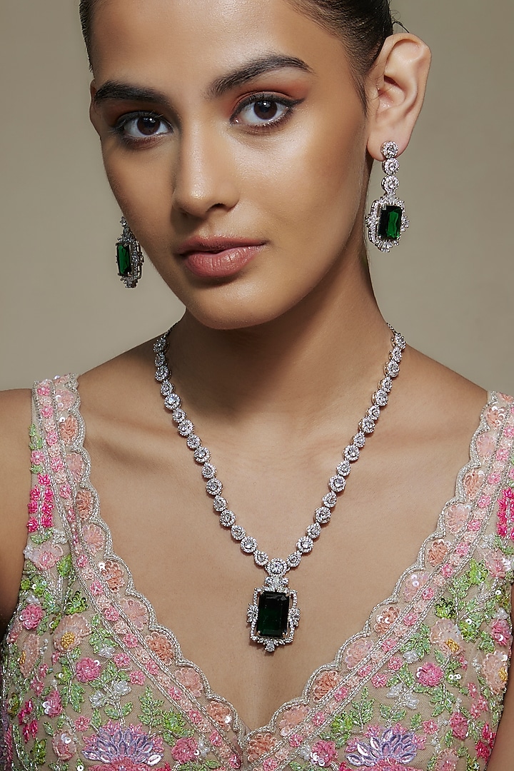 White Finish Emerald & Zircon Necklace Set by Shhimmerz jewellery at Pernia's Pop Up Shop