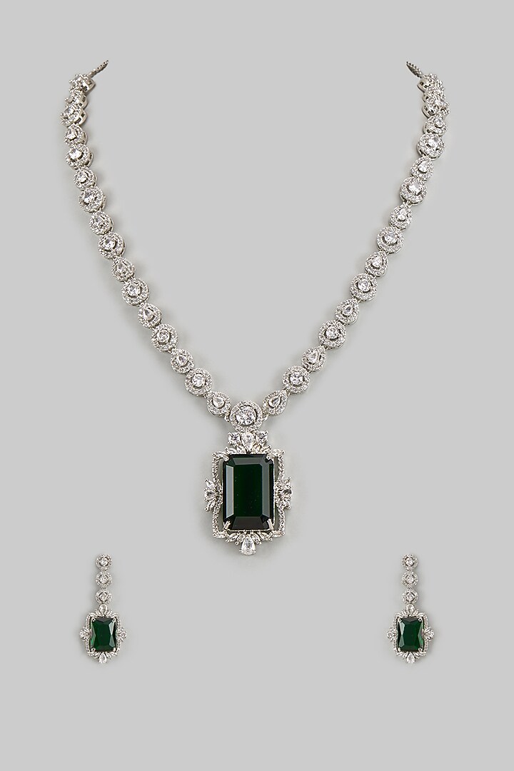 White Finish Emerald & Zircon Necklace Set by Shhimmerz jewellery at Pernia's Pop Up Shop