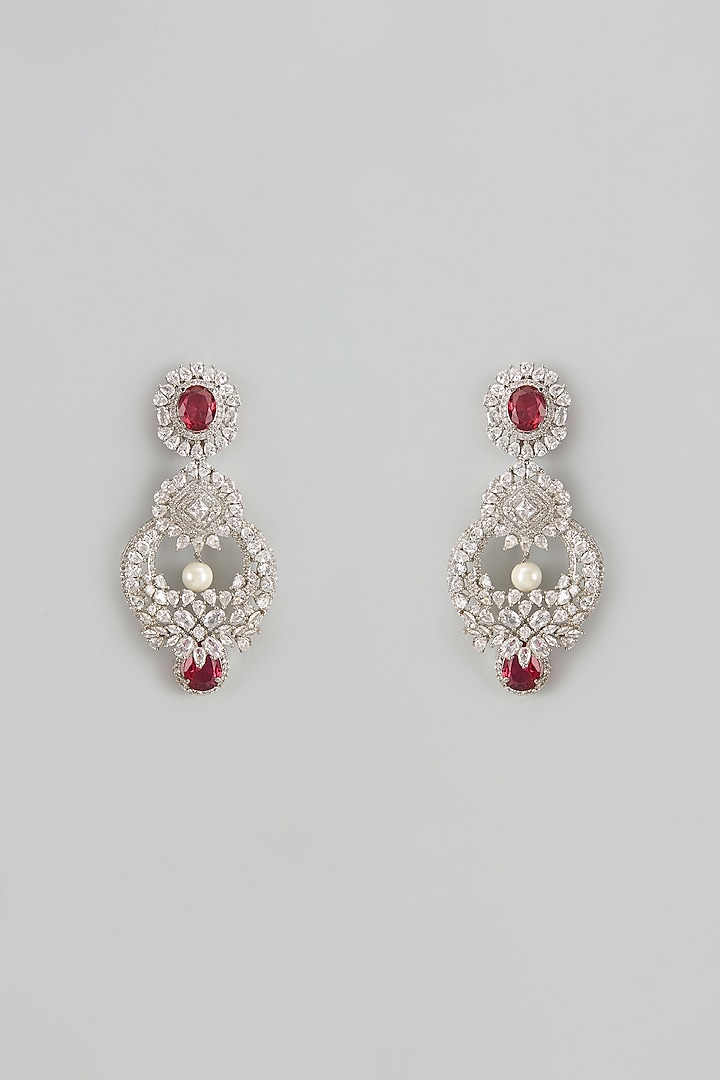 White Finish Zircon & Ruby Dangler Earrings by Shhimmerz jewellery at Pernia's Pop Up Shop