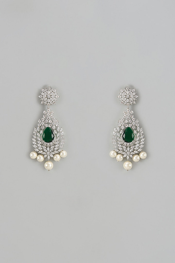 White Finish Zircon & Emerald Dangler Earrings by Shhimmerz jewellery