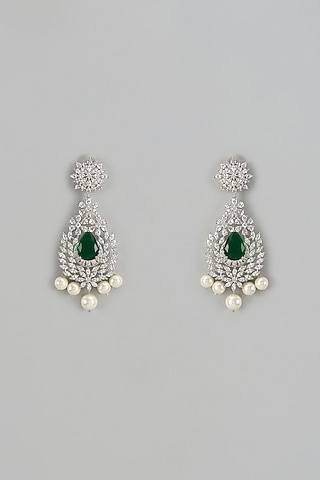 White Finish Zircon & Emerald Dangler Earrings by Shhimmerz jewellery