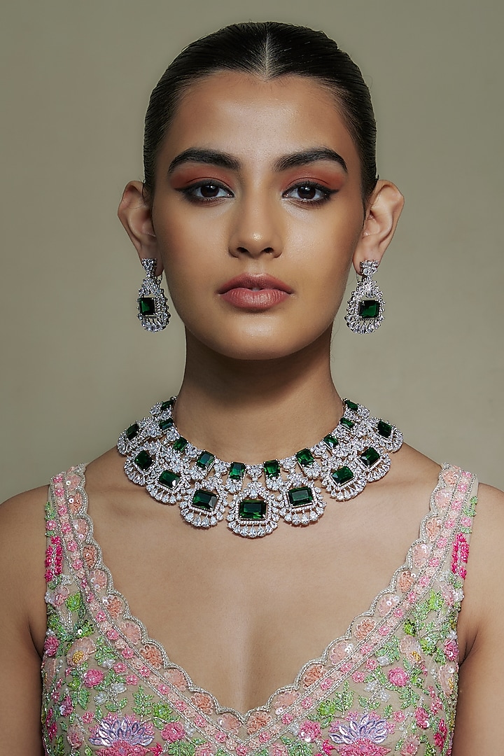 White Finish Emerald & Zircon Necklace Set by Shhimmerz jewellery at Pernia's Pop Up Shop