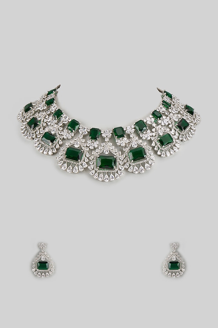 White Finish Emerald & Zircon Necklace Set by Shhimmerz jewellery at Pernia's Pop Up Shop