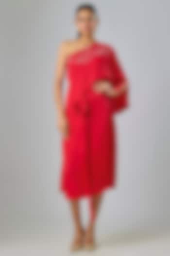 Red Cupro Hand Embellished One-Shoulder Kaftan Party Wear Dress by Sharnita Nandwana at Pernia's Pop Up Shop