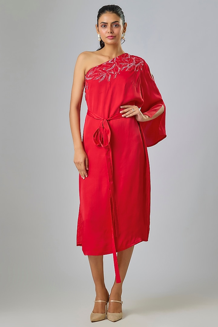 Red Cupro Hand Embellished One-Shoulder Kaftan Party Wear Dress by Sharnita Nandwana at Pernia's Pop Up Shop