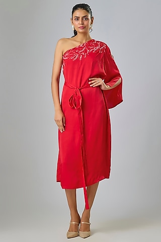 Red Cupro Hand Embellished One-Shoulder Kaftan Dress by Sharnita Nandwana