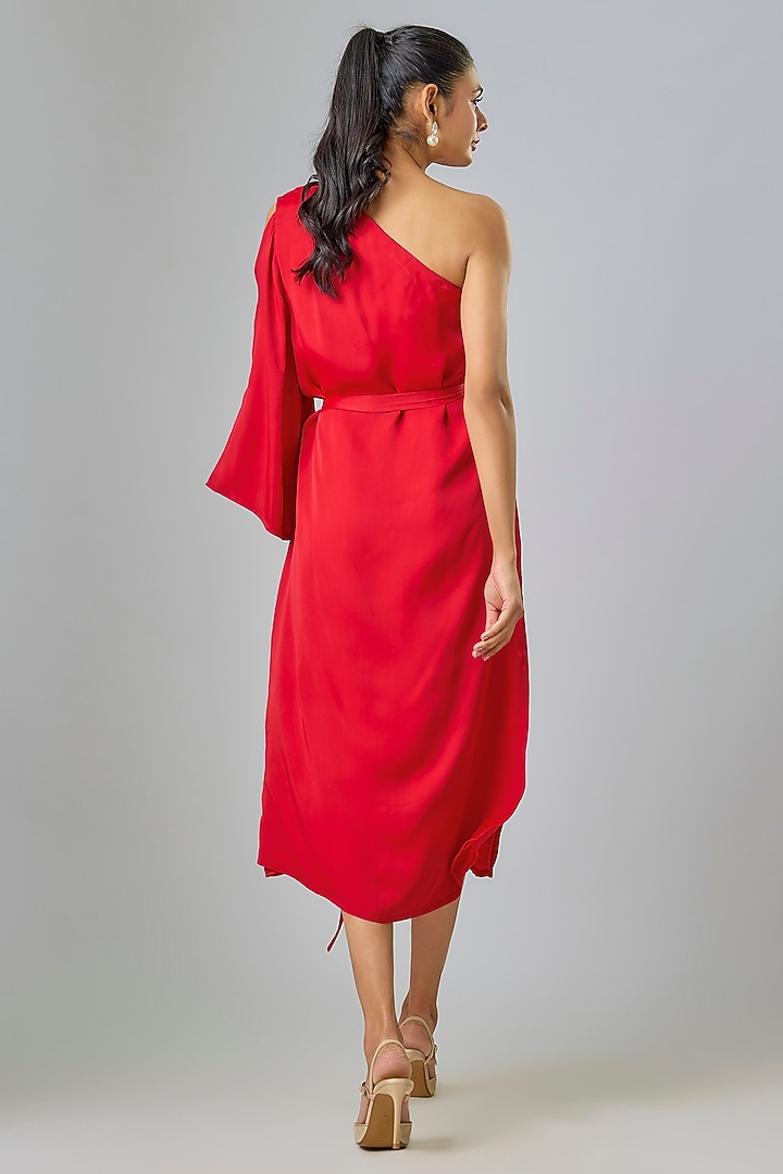 Red Cupro Hand Embellished One-Shoulder Kaftan Party Wear Dress by Sharnita Nandwana at Pernia's Pop Up Shop