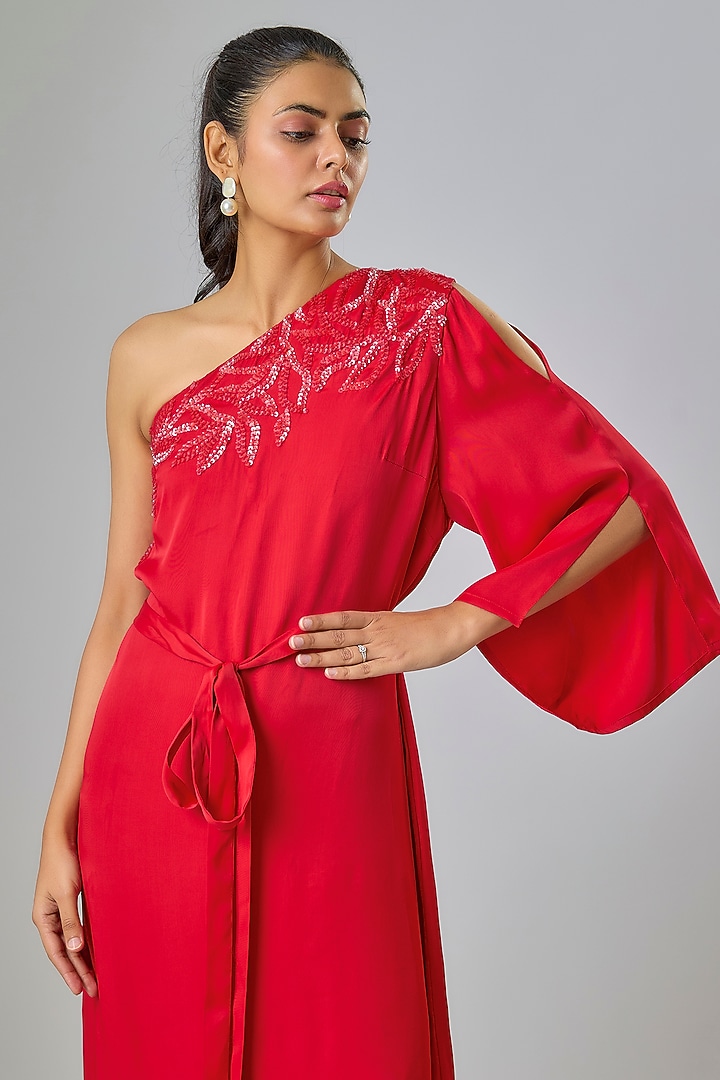 Red Cupro Hand Embellished One-Shoulder Kaftan Party Wear Dress by Sharnita Nandwana at Pernia's Pop Up Shop