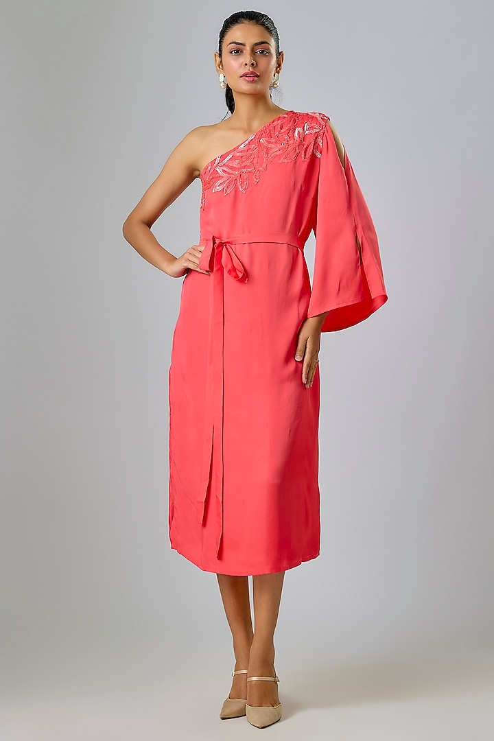Pink Cupro Hand Embellished One-Shoulder Kaftan Party Wear Dress by Sharnita Nandwana at Pernia's Pop Up Shop