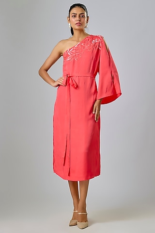 Pink Cupro Hand Embellished One-Shoulder Kaftan Dress by Sharnita Nandwana