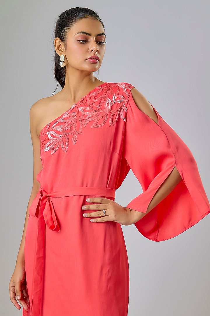 Pink Cupro Hand Embellished One-Shoulder Kaftan Party Wear Dress by Sharnita Nandwana at Pernia's Pop Up Shop