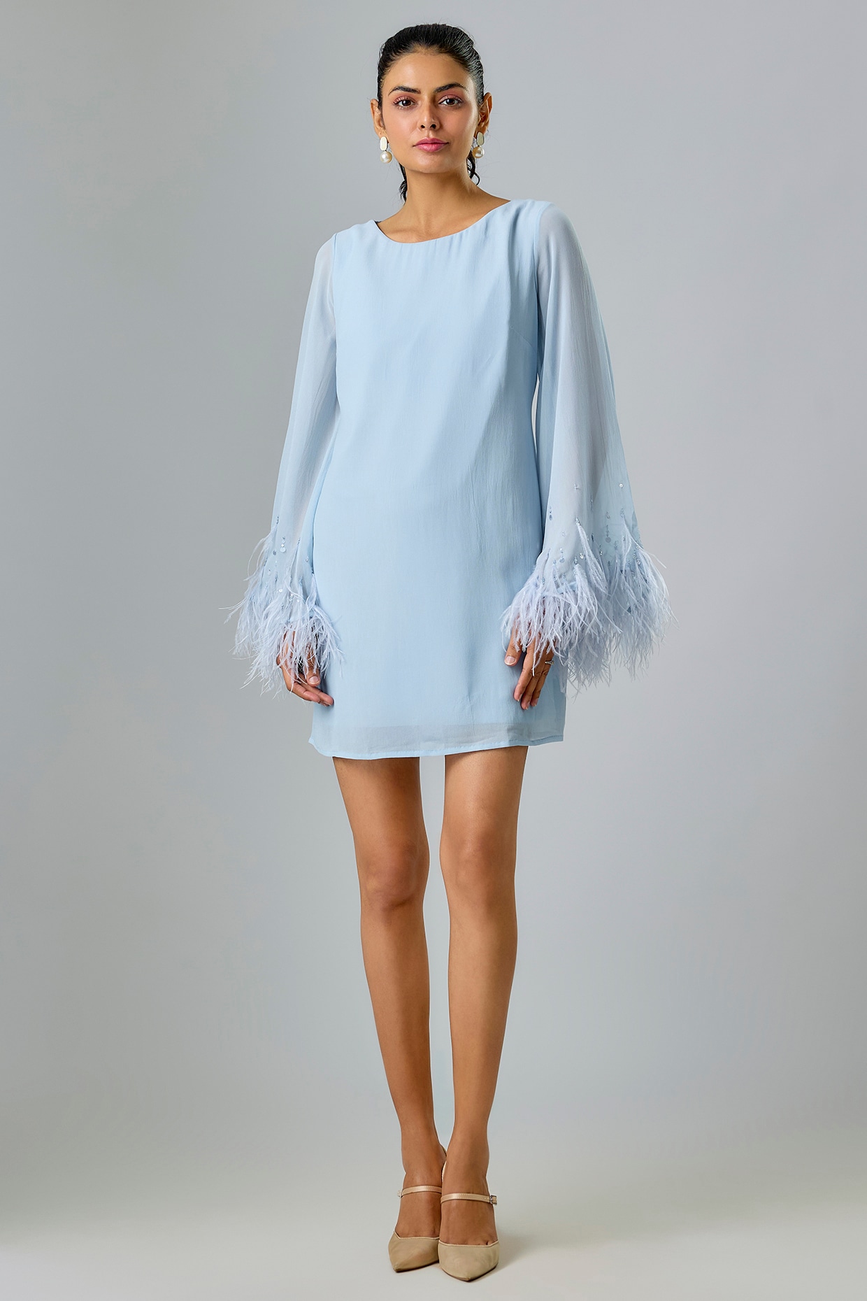 Powder Blue Viscose Embellished Shift Party Wear Dress by Sharnita Nandwana  at Pernia's Pop Up Shop