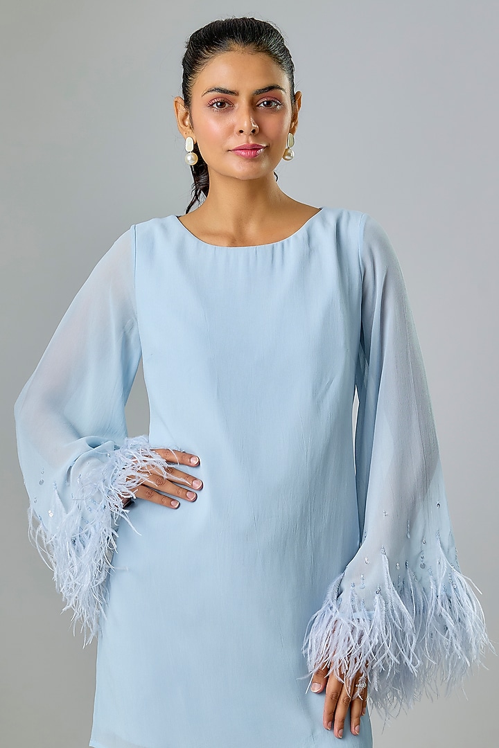 Powder Blue Viscose Embellished Shift Party Wear Dress by Sharnita Nandwana at Pernia's Pop Up Shop