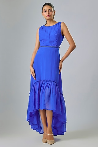 Blue Cupro Beaded High-Low Dress by Sharnita Nandwana