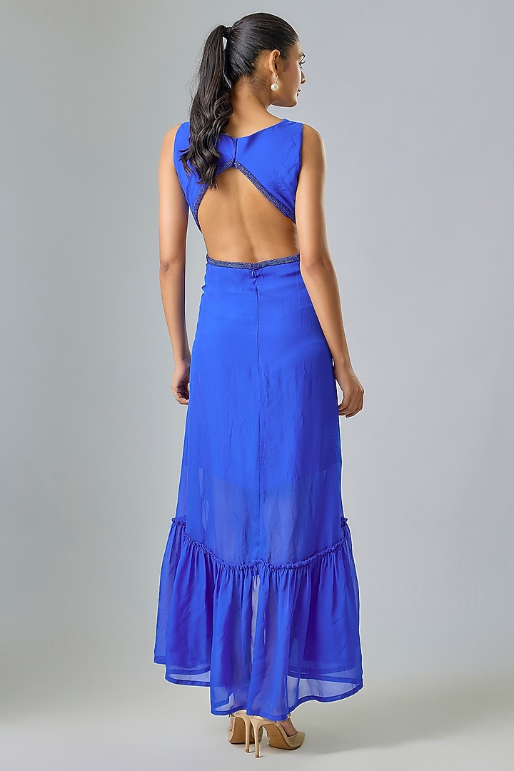 Blue Cupro Beaded High-Low Party Wear Dress by Sharnita Nandwana at Pernia's Pop Up Shop