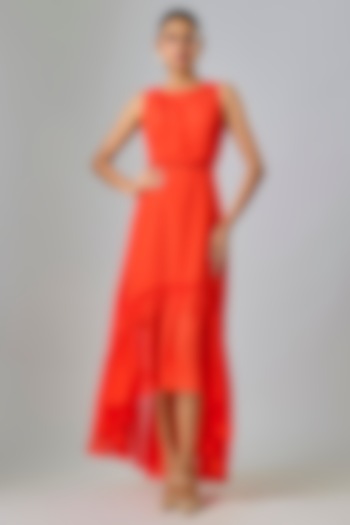 Orange Cupro Beaded High-Low Party Wear Dress by Sharnita Nandwana at Pernia's Pop Up Shop