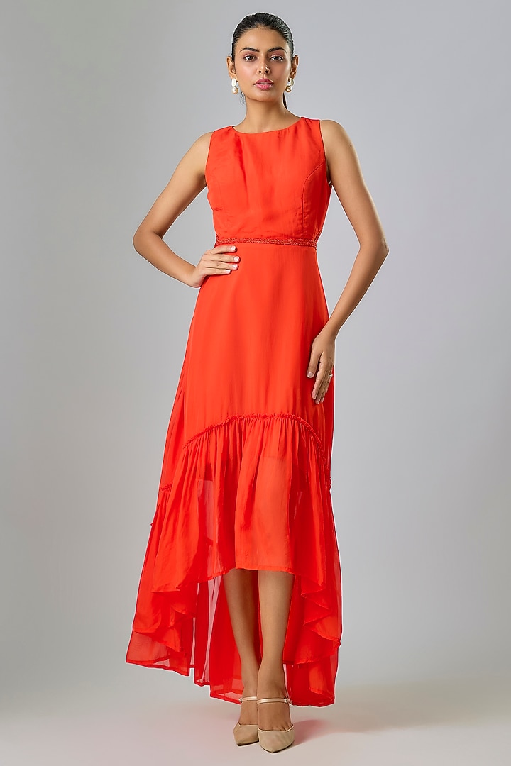Orange Cupro Beaded High-Low Party Wear Dress by Sharnita Nandwana at Pernia's Pop Up Shop