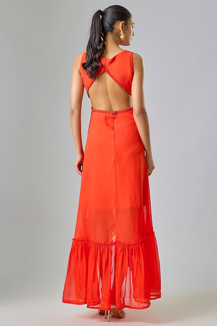 Orange Cupro Beaded High-Low Party Wear Dress by Sharnita Nandwana at Pernia's Pop Up Shop