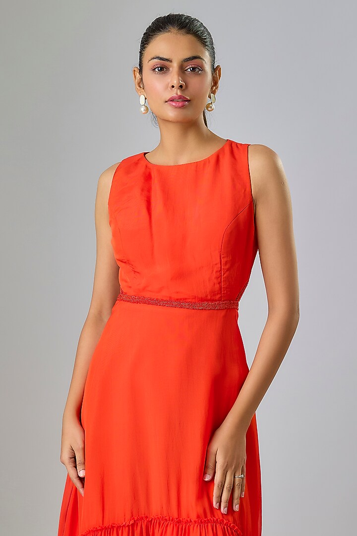 Orange Cupro Beaded High-Low Party Wear Dress by Sharnita Nandwana at Pernia's Pop Up Shop