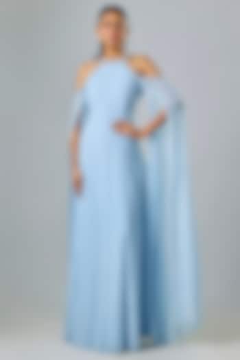 Blue Cupro Hand Embellished High-Neck Wedding Gown by Sharnita Nandwana at Pernia's Pop Up Shop