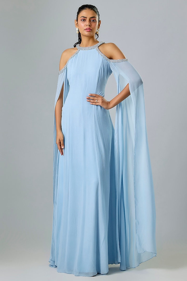 Blue Cupro Hand Embellished High-Neck Wedding Gown by Sharnita Nandwana at Pernia's Pop Up Shop