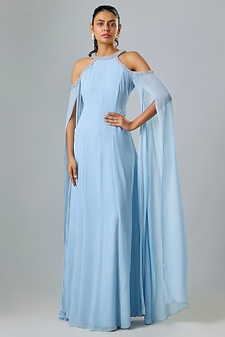 Blue Cupro Hand Embellished High-Neck Gown by Sharnita Nandwana