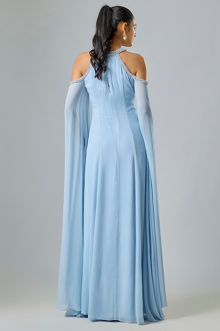 Blue Cupro Hand Embellished High-Neck Wedding Gown by Sharnita Nandwana at Pernia's Pop Up Shop