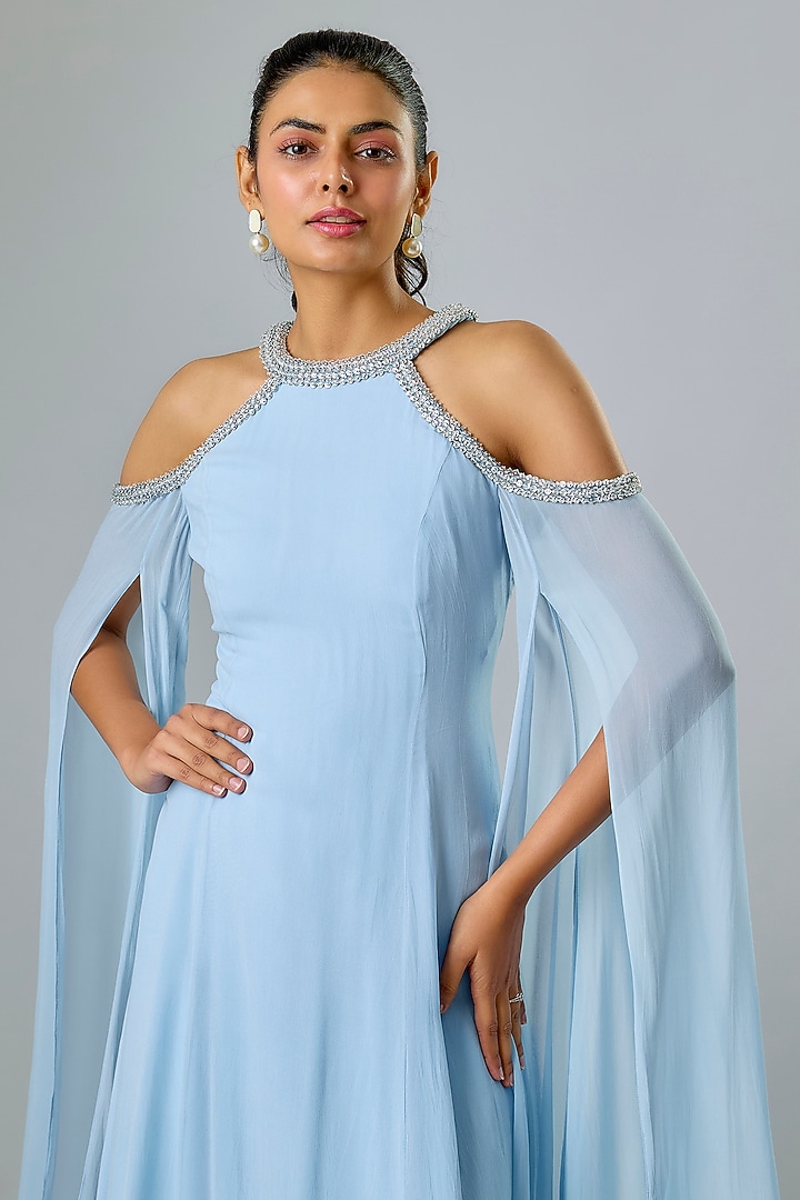 Blue Cupro Hand Embellished High-Neck Wedding Gown by Sharnita Nandwana at Pernia's Pop Up Shop