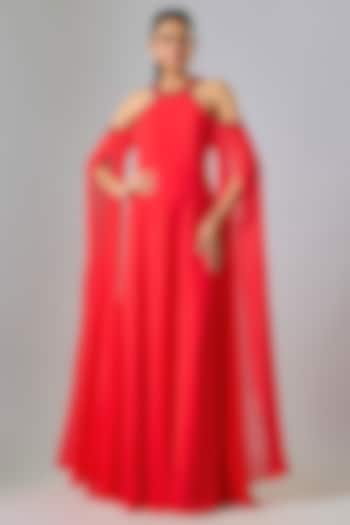 Red Cupro Hand Embellished High-Neck Wedding Gown by Sharnita Nandwana at Pernia's Pop Up Shop