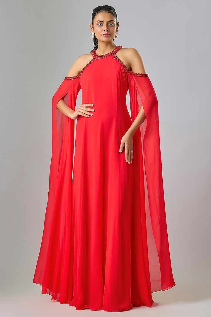 Red Cupro Hand Embellished High-Neck Wedding Gown by Sharnita Nandwana at Pernia's Pop Up Shop