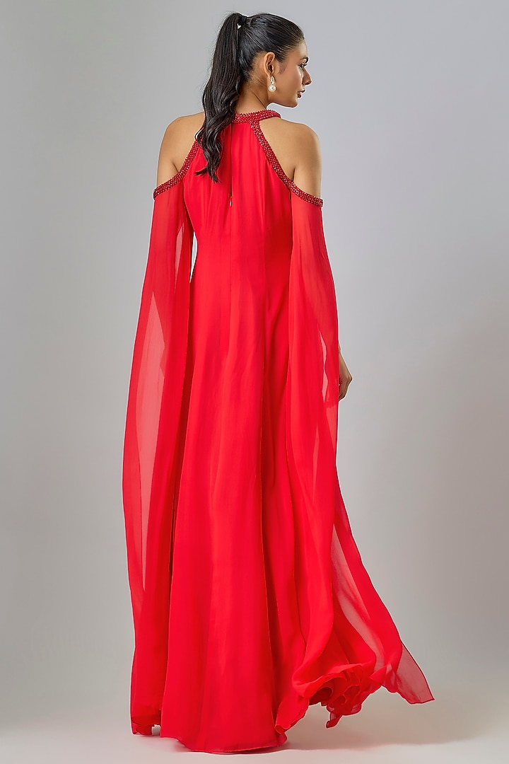 Red Cupro Hand Embellished High-Neck Wedding Gown by Sharnita Nandwana at Pernia's Pop Up Shop