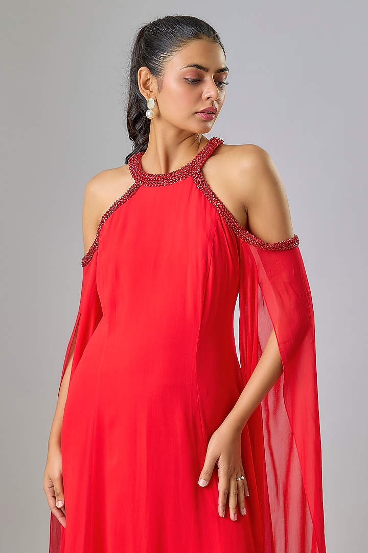 Red Cupro Hand Embellished High-Neck Wedding Gown by Sharnita Nandwana at Pernia's Pop Up Shop